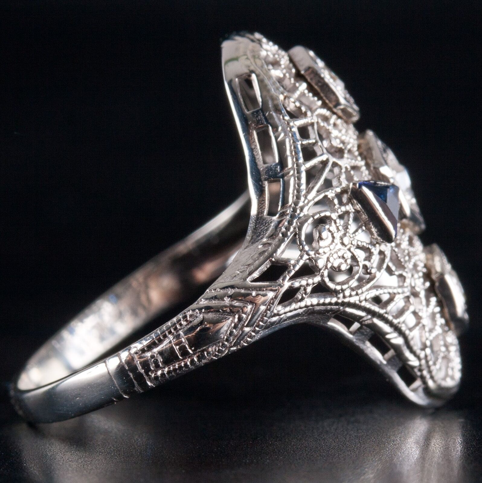 Vintage 1900's 14k White Gold Old Mine Diamond Sapphire Cocktail Ring .20ctw