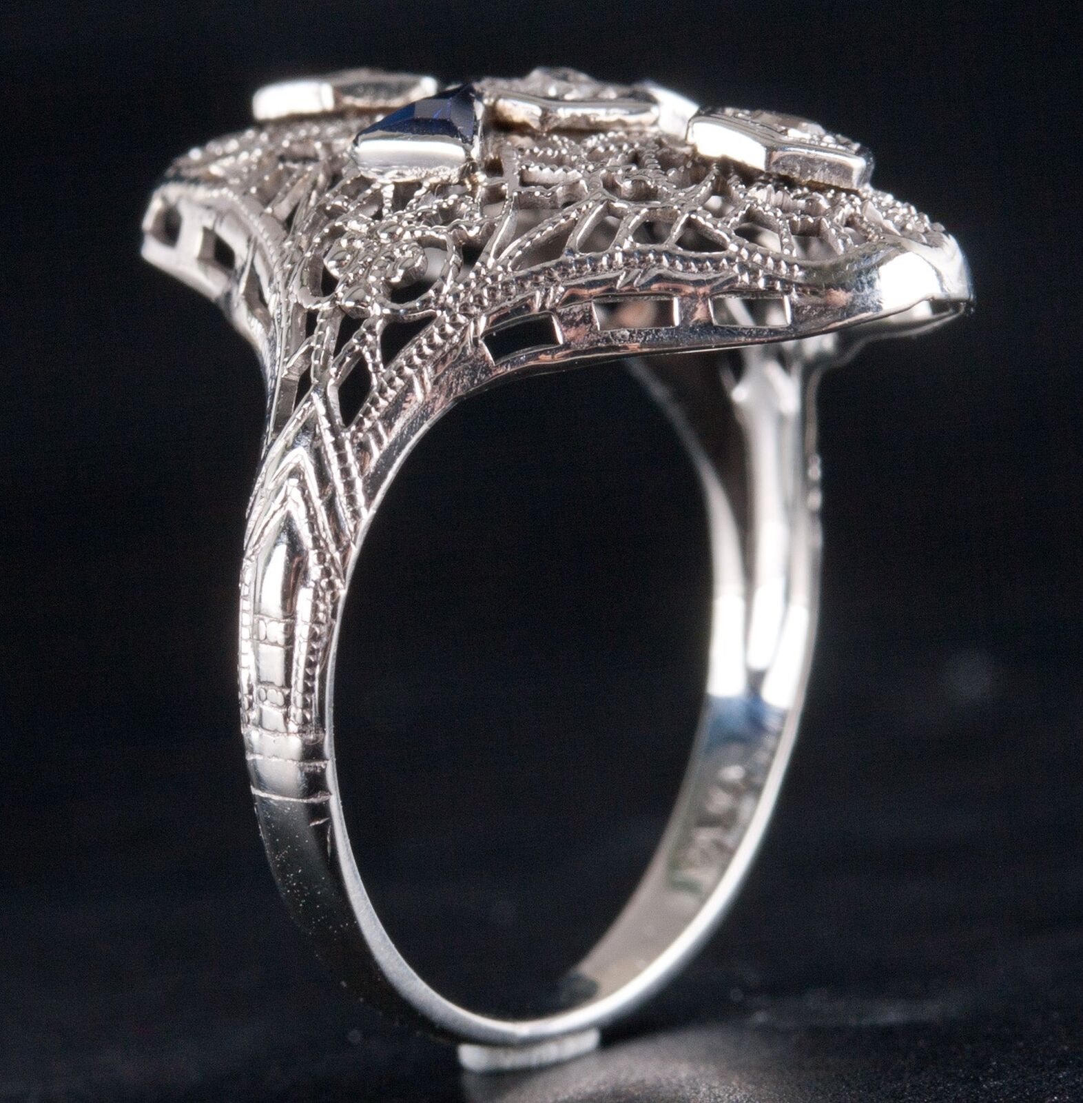 Vintage 1900's 14k White Gold Old Mine Diamond Sapphire Cocktail Ring .20ctw