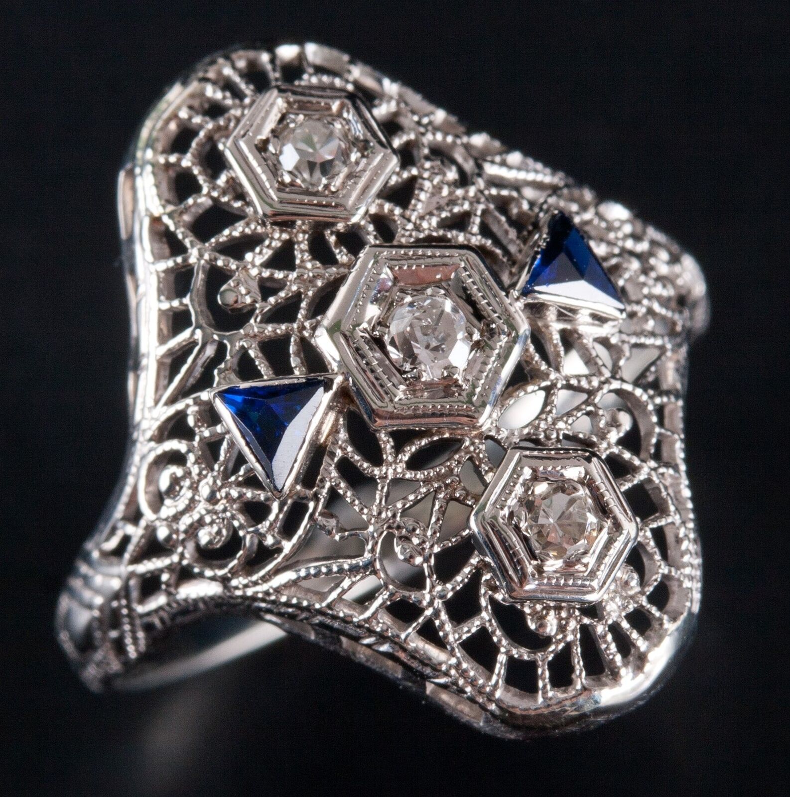 Vintage 1900's 14k White Gold Old Mine Diamond Sapphire Cocktail Ring .20ctw