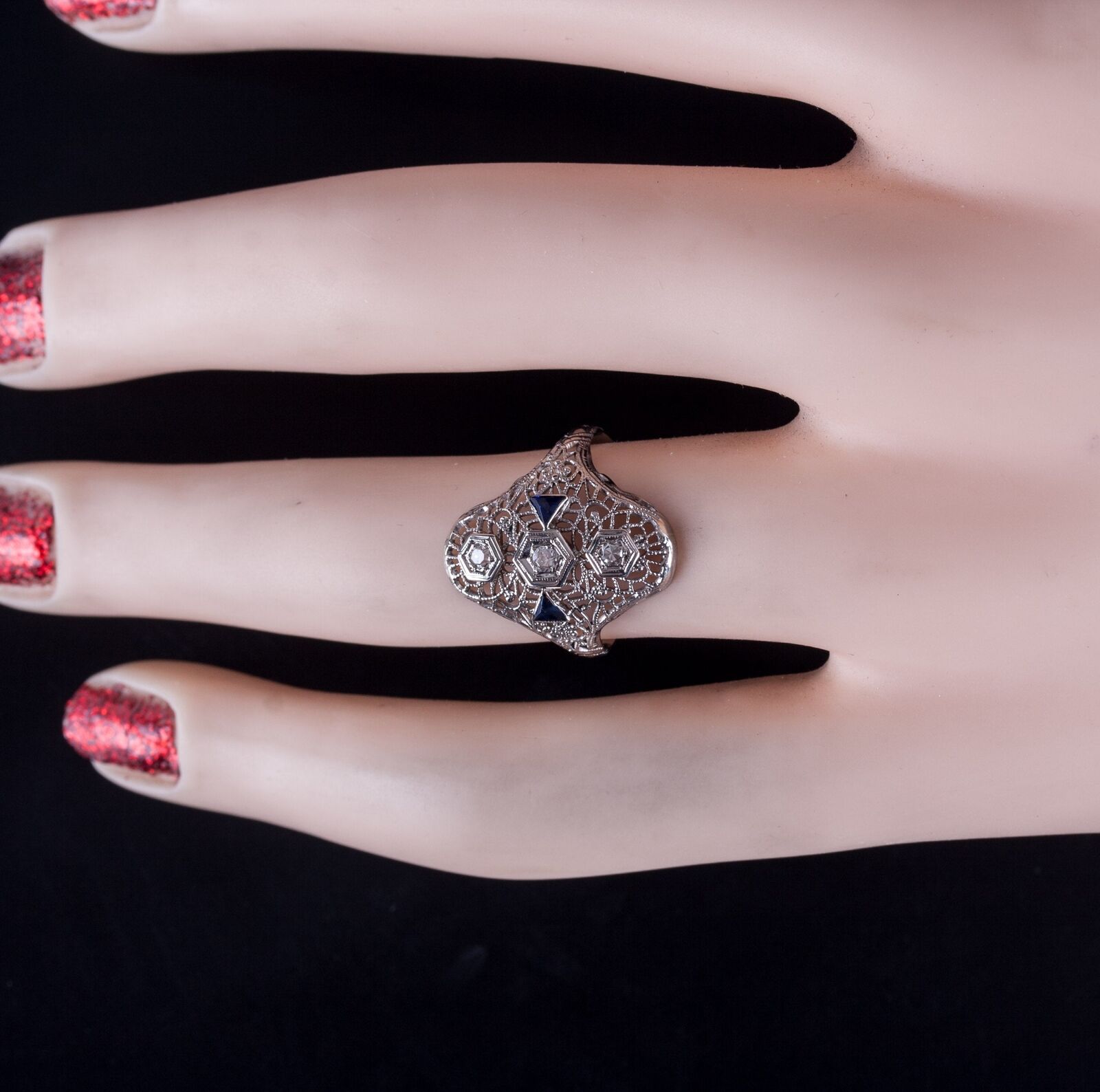 Vintage 1900's 14k White Gold Old Mine Diamond Sapphire Cocktail Ring .20ctw