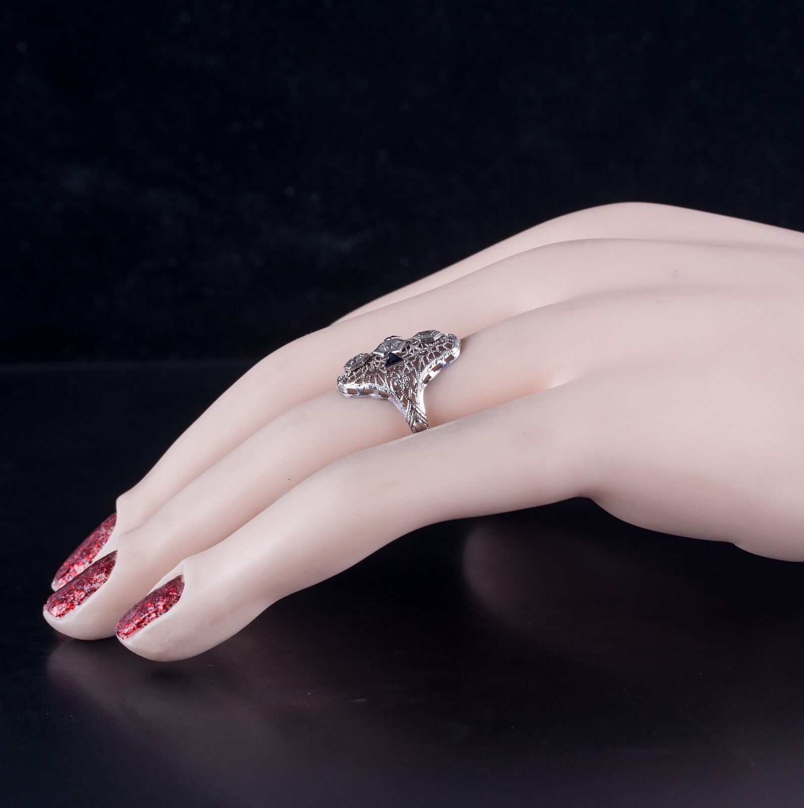 Vintage 1900's 14k White Gold Old Mine Diamond Sapphire Cocktail Ring .20ctw