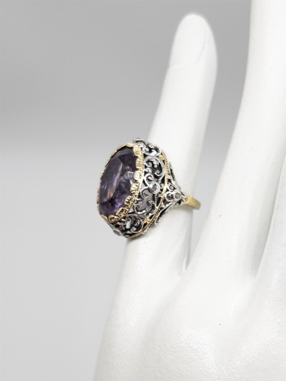 Antique 1800s 20ct Amethyst Diamond 14k Yellow Gold Platinum Filigree Ring BIG