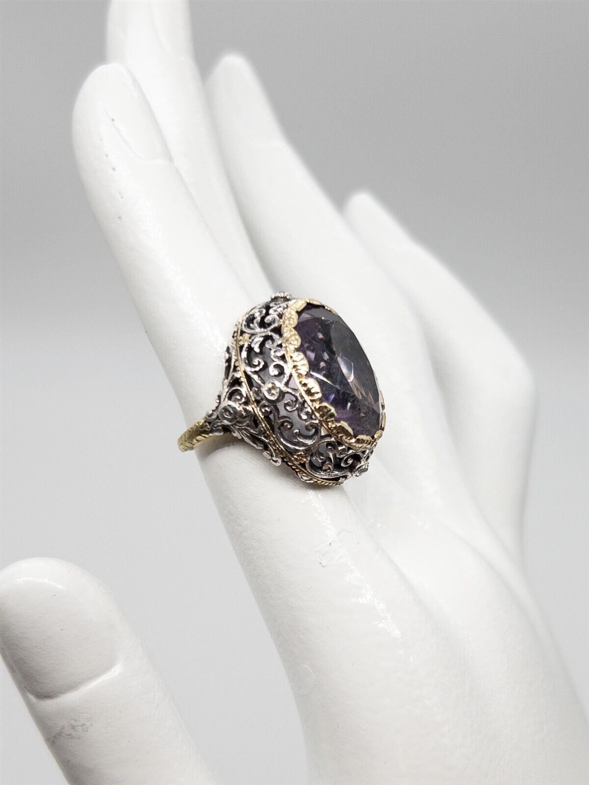 Antique 1800s 20ct Amethyst Diamond 14k Yellow Gold Platinum Filigree Ring BIG