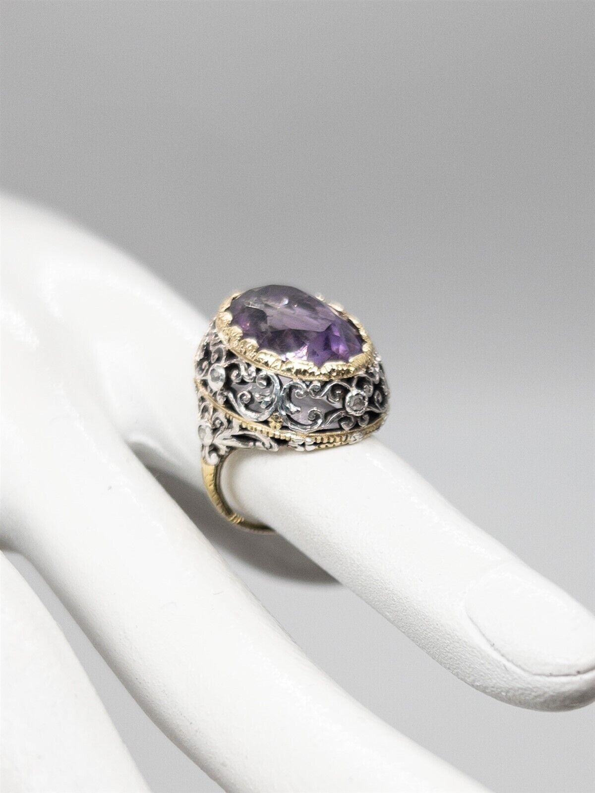 Antique 1800s 20ct Amethyst Diamond 14k Yellow Gold Platinum Filigree Ring BIG
