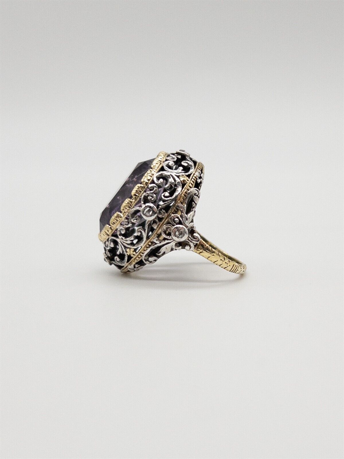 Antique 1800s 20ct Amethyst Diamond 14k Yellow Gold Platinum Filigree Ring BIG