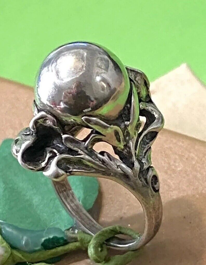 Antique early 1900s ART NOUVEAU Sculpted ORB Floral Sterling Silver 925 Ring 6.5