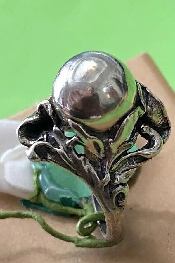 Antique early 1900s ART NOUVEAU Sculpted ORB Floral Sterling Silver 925 Ring 6.5