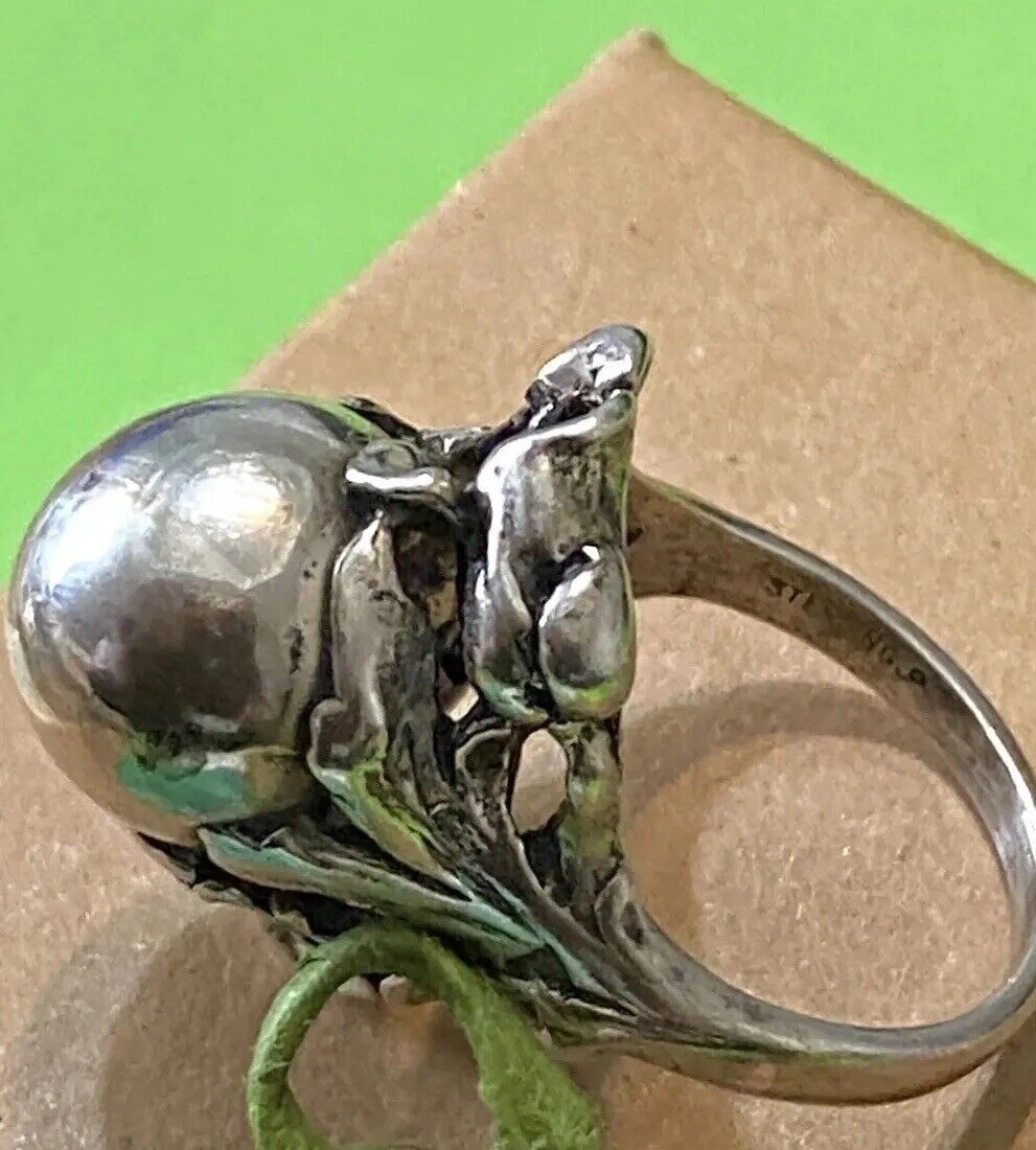 Antique early 1900s ART NOUVEAU Sculpted ORB Floral Sterling Silver 925 Ring 6.5