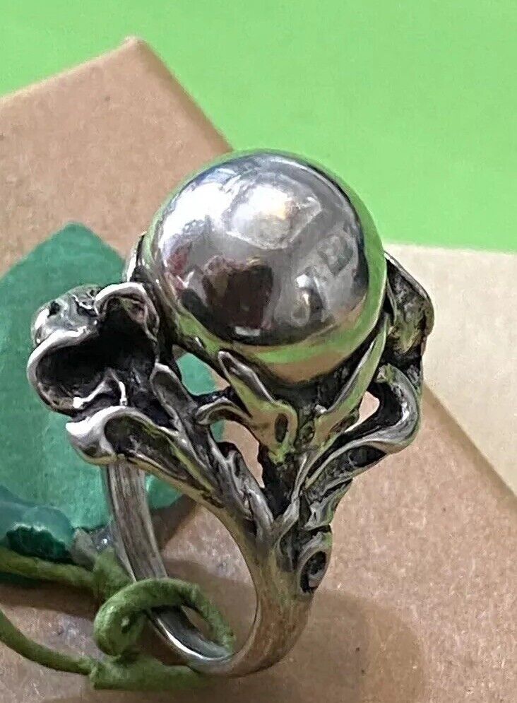 Antique early 1900s ART NOUVEAU Sculpted ORB Floral Sterling Silver 925 Ring 6.5