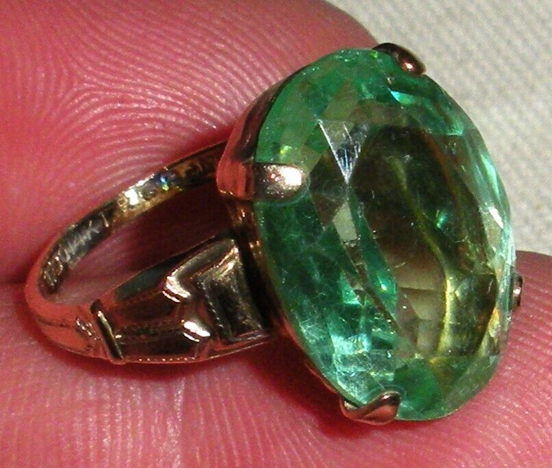 ANTIQUE EARLY 1900S 14K ROLLED GOLD PLATED RING W/ GREEN STONE SIZE 5.5 tuvi