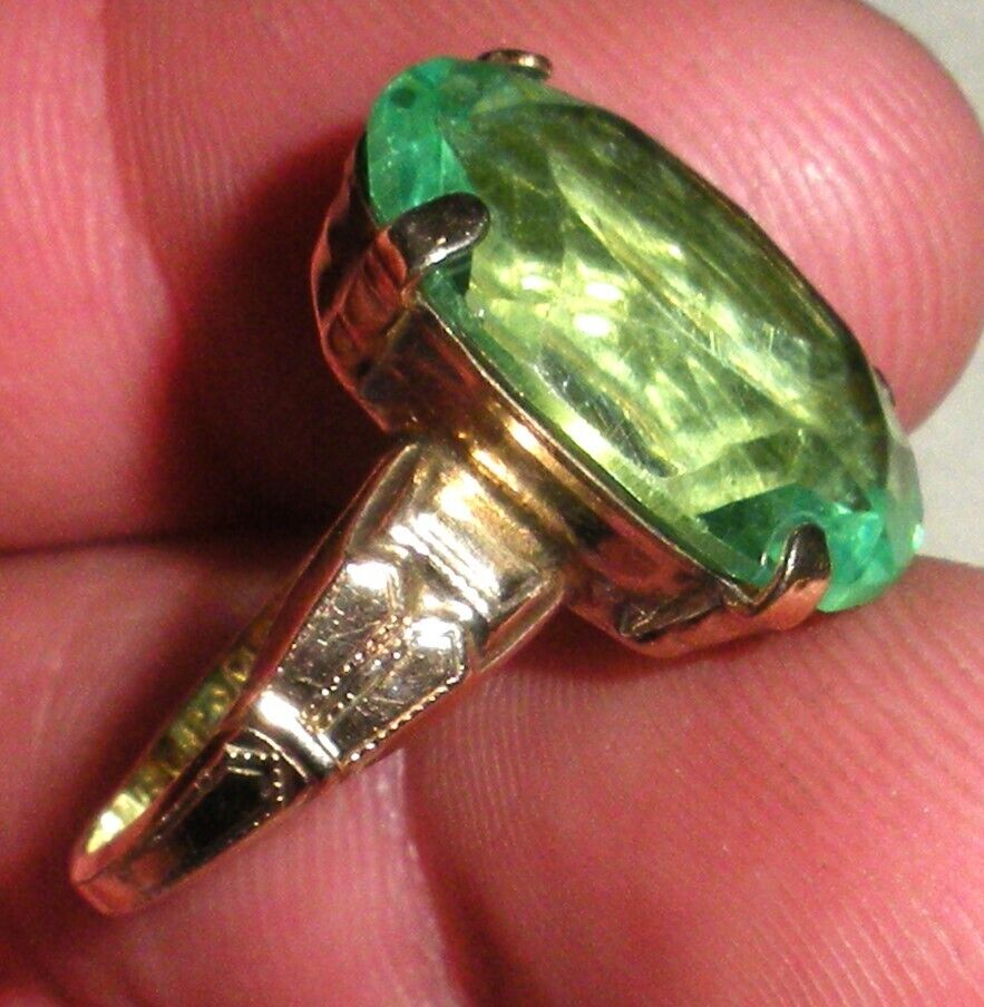 ANTIQUE EARLY 1900S 14K ROLLED GOLD PLATED RING W/ GREEN STONE SIZE 5.5 tuvi