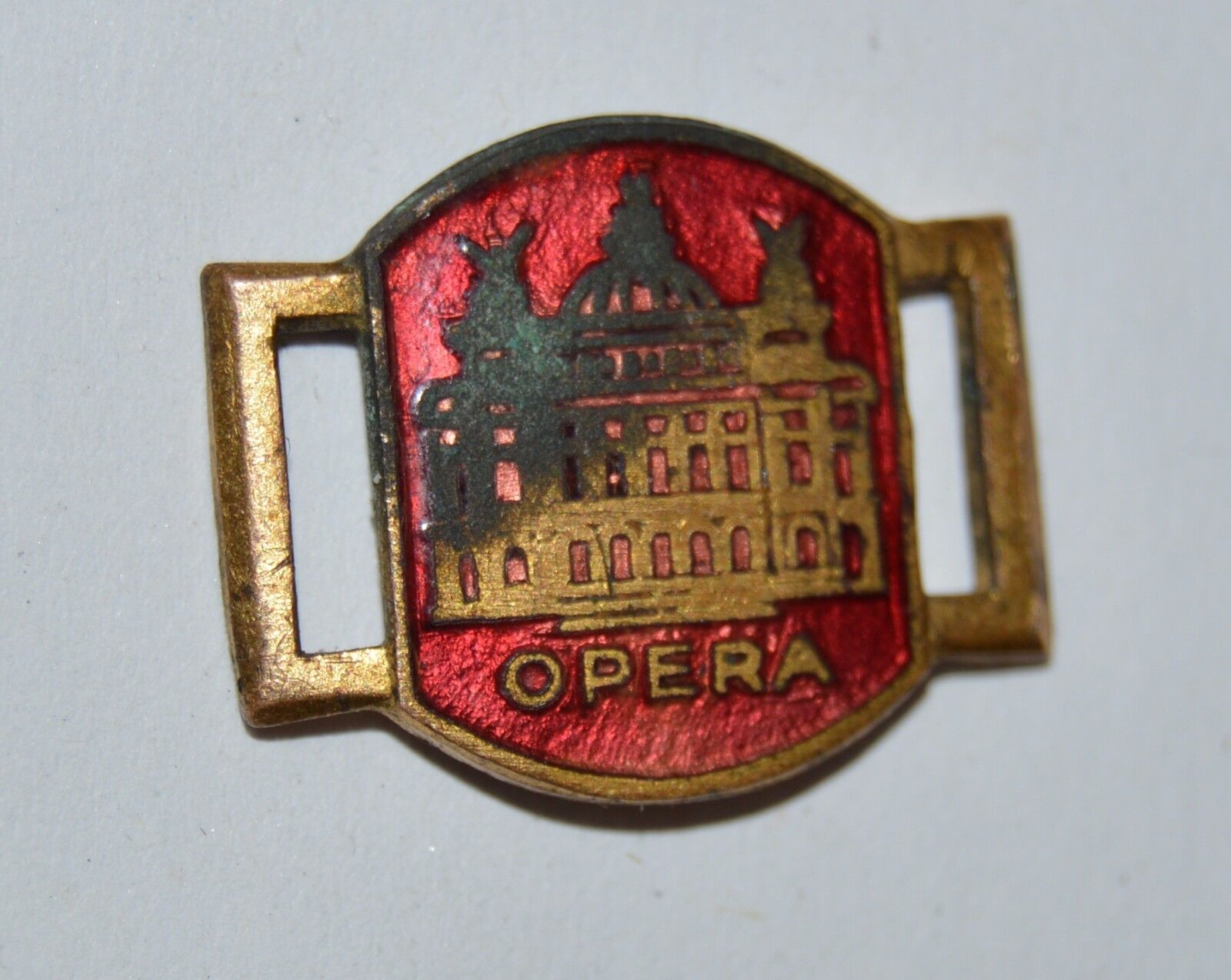 WOW Vintage Antique Early 1900s OPERA Brass Metal Enamel Bracelet Charm RARE