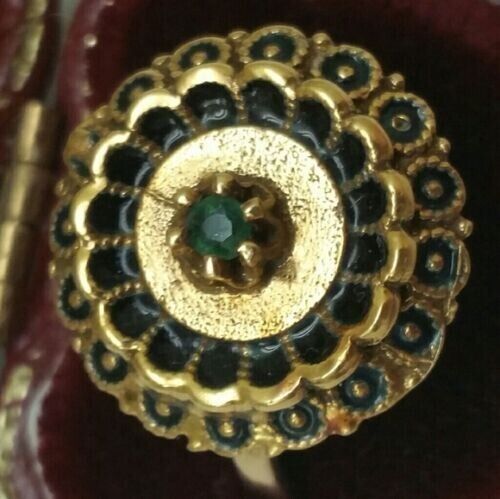Victorian Bristol Unique 14K YG Genuine Emerald Black Enamel Ring, late 1800s