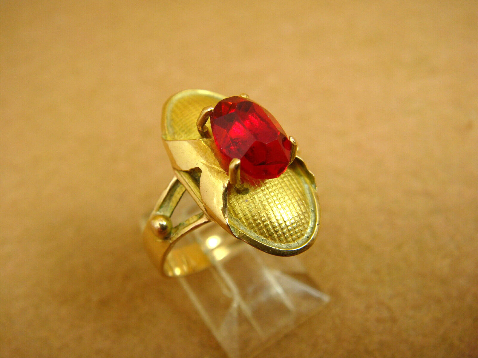 Antique 1800s Oval Faux RUBY Elongated Oval Textured Ring 10K YG - Size 7