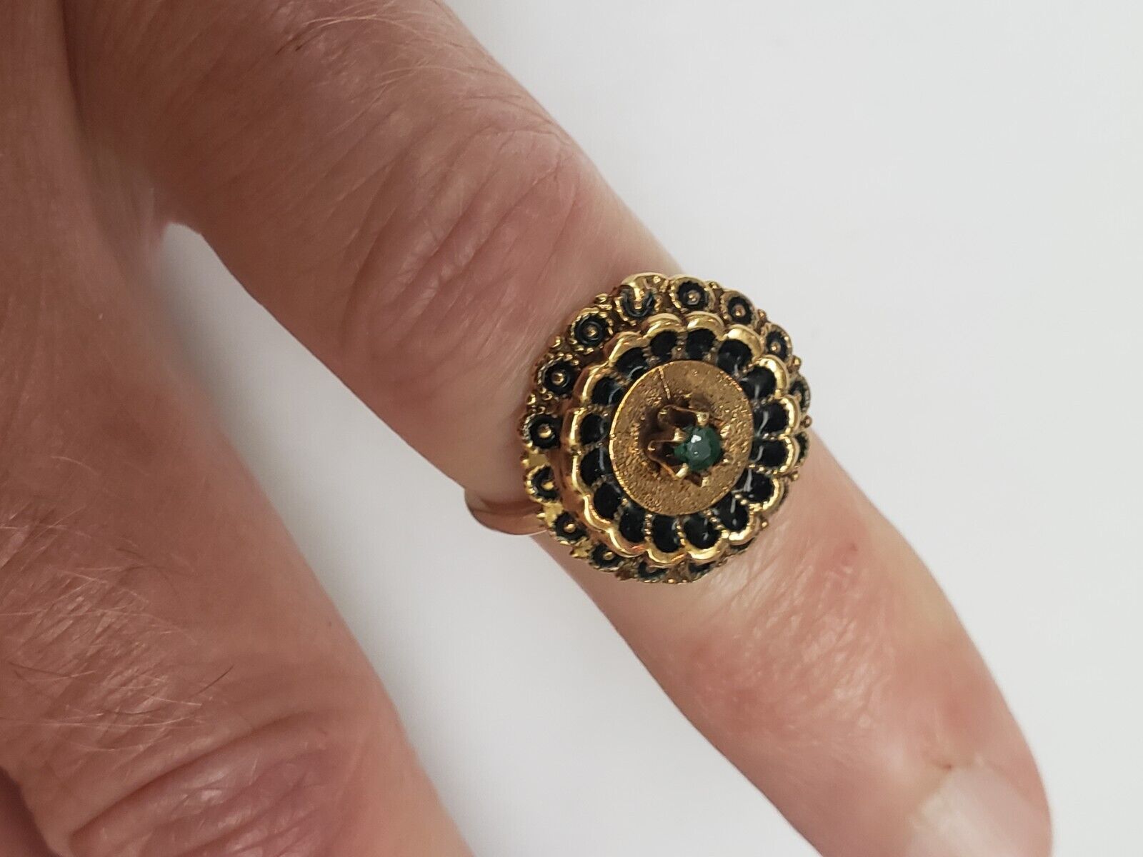 Victorian Bristol Unique 14K YG Genuine Emerald Black Enamel Ring, late 1800s