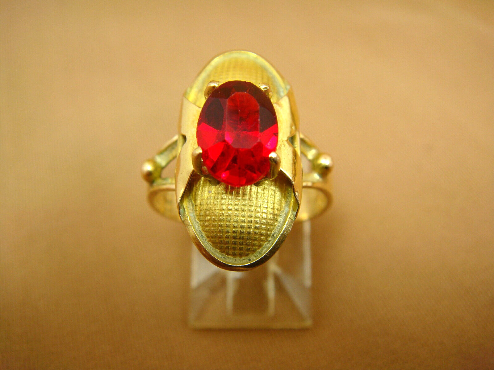 Antique 1800s Oval Faux RUBY Elongated Oval Textured Ring 10K YG - Size 7
