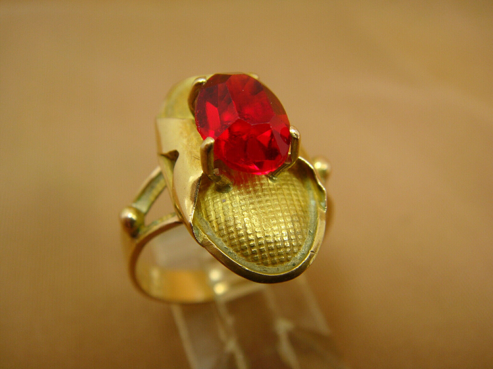 Antique 1800s Oval Faux RUBY Elongated Oval Textured Ring 10K YG - Size 7