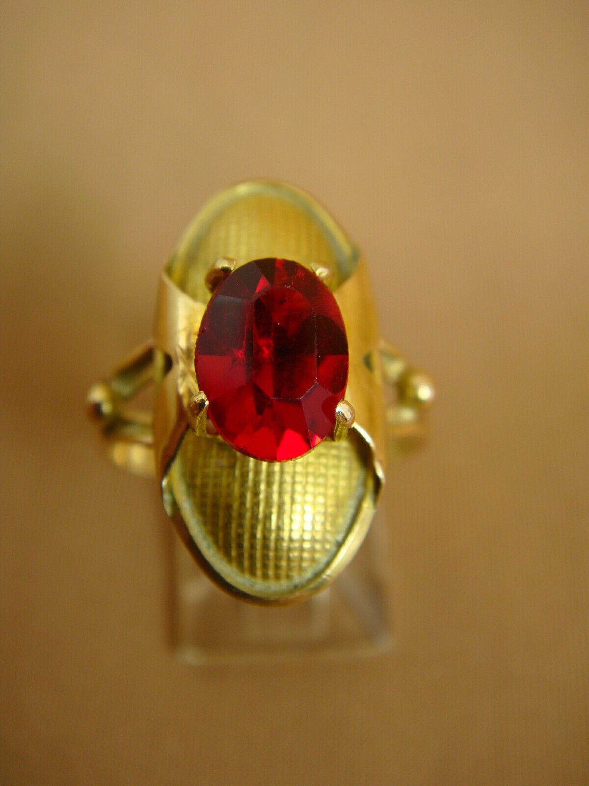 Antique 1800s Oval Faux RUBY Elongated Oval Textured Ring 10K YG - Size 7