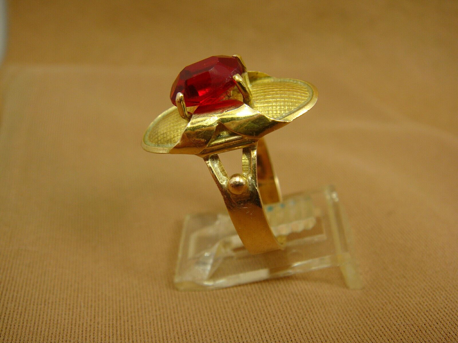 Antique 1800s Oval Faux RUBY Elongated Oval Textured Ring 10K YG - Size 7