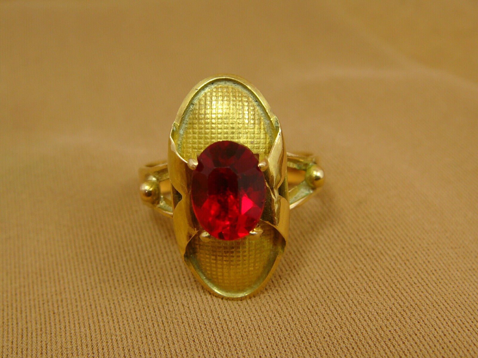 Antique 1800s Oval Faux RUBY Elongated Oval Textured Ring 10K YG - Size 7