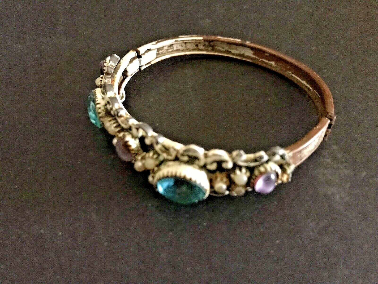 Antique 1800s Hinged Bangle Gemstone Bracelet Opal Amethyst Faux Pearl Enamel