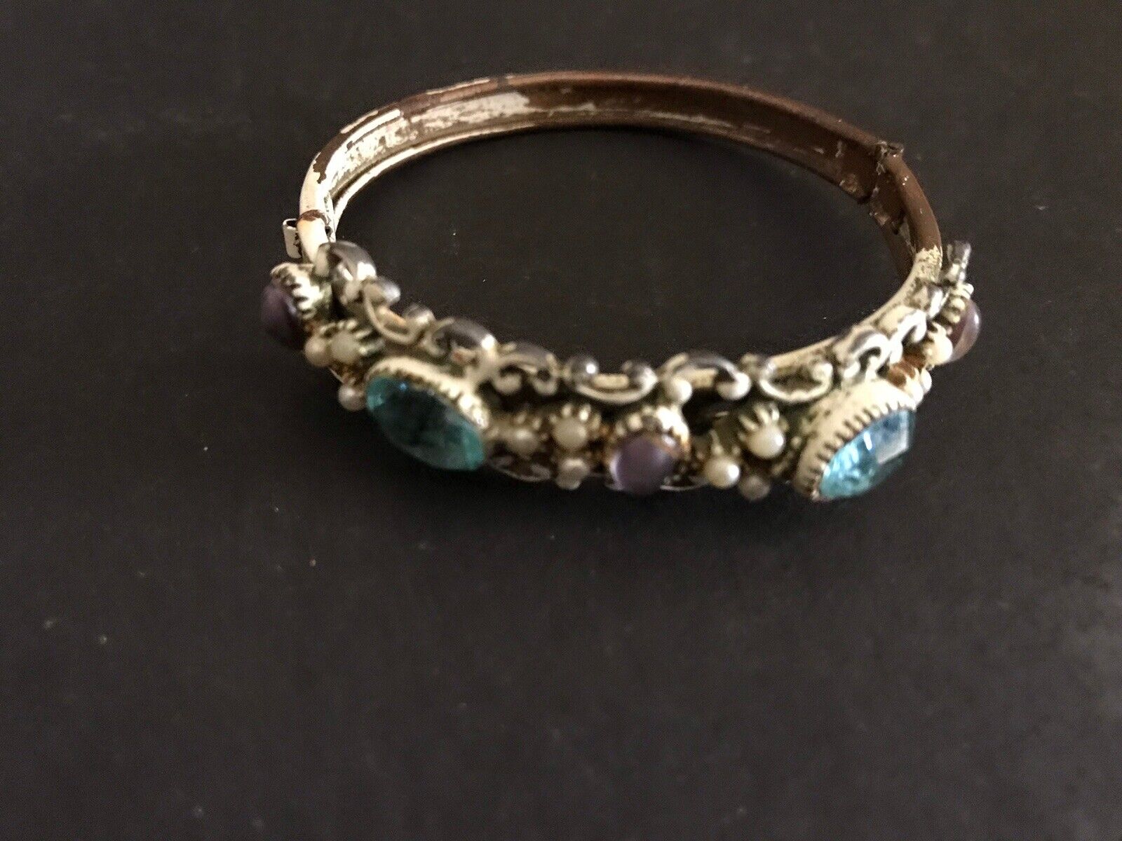 Antique 1800s Hinged Bangle Gemstone Bracelet Opal Amethyst Faux Pearl Enamel