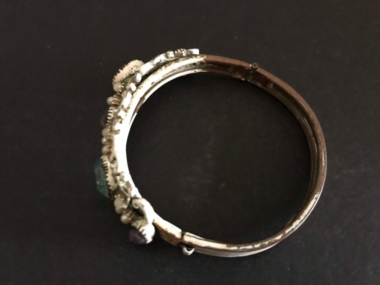 Antique 1800s Hinged Bangle Gemstone Bracelet Opal Amethyst Faux Pearl Enamel