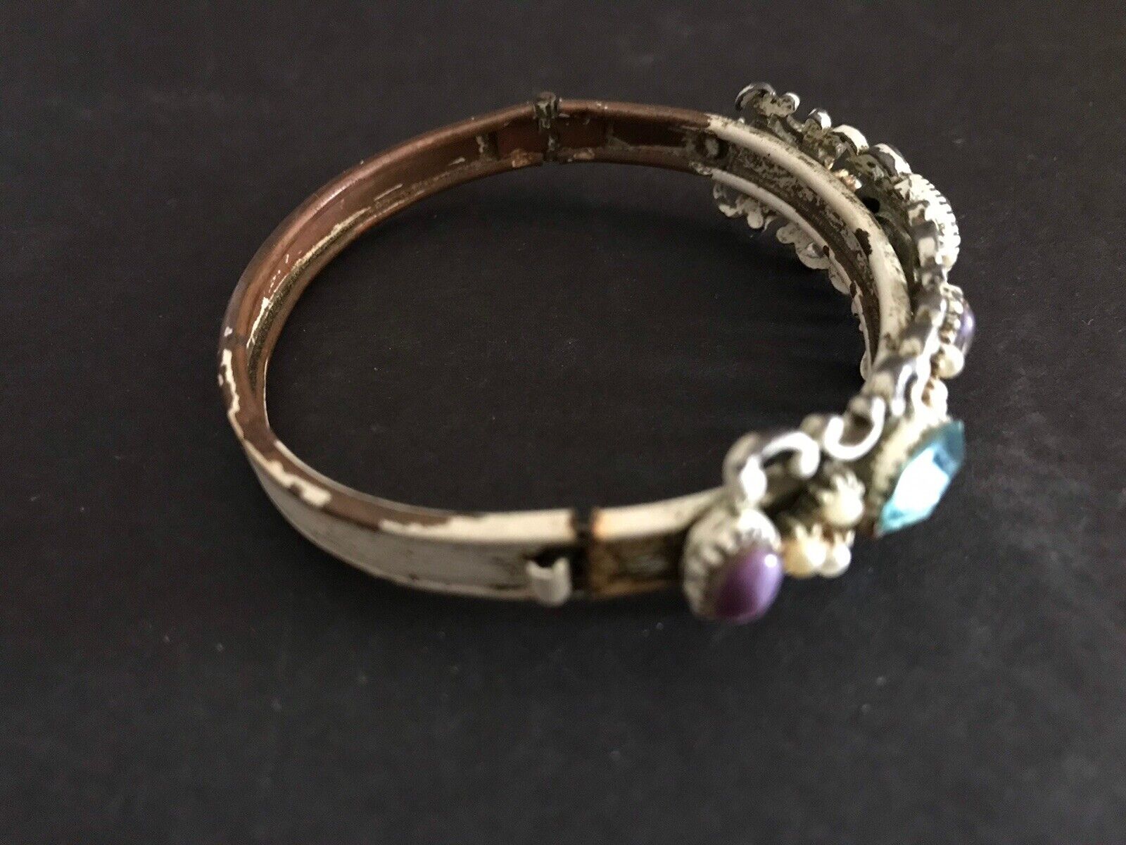 Antique 1800s Hinged Bangle Gemstone Bracelet Opal Amethyst Faux Pearl Enamel