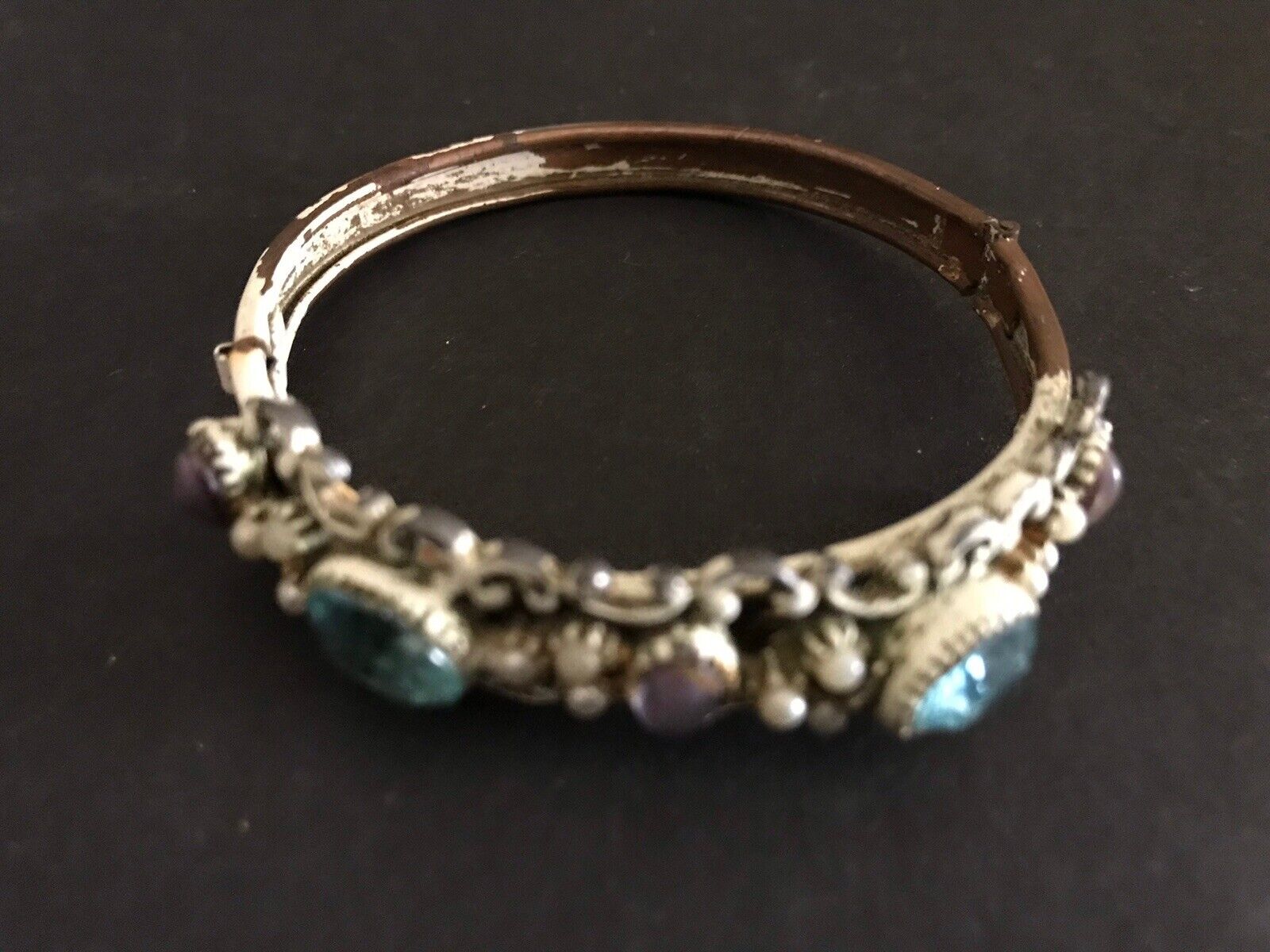Antique 1800s Hinged Bangle Gemstone Bracelet Opal Amethyst Faux Pearl Enamel
