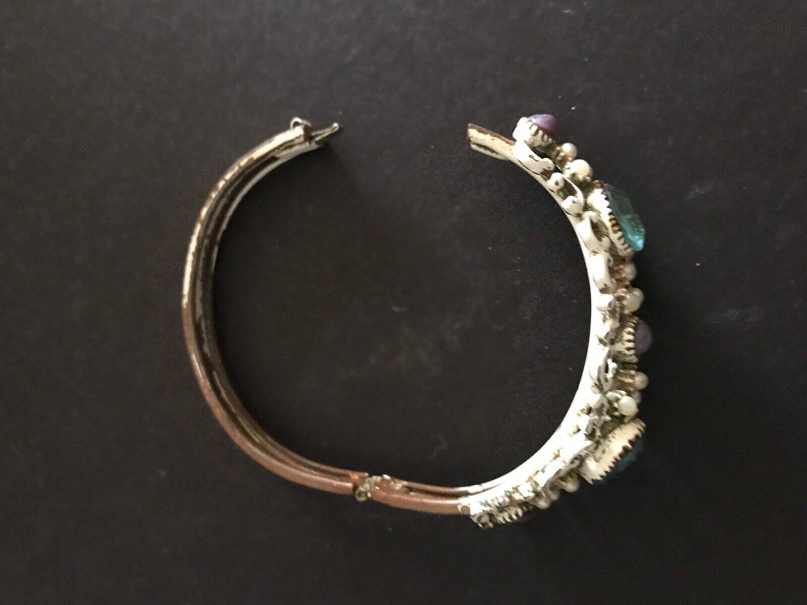 Antique 1800s Hinged Bangle Gemstone Bracelet Opal Amethyst Faux Pearl Enamel