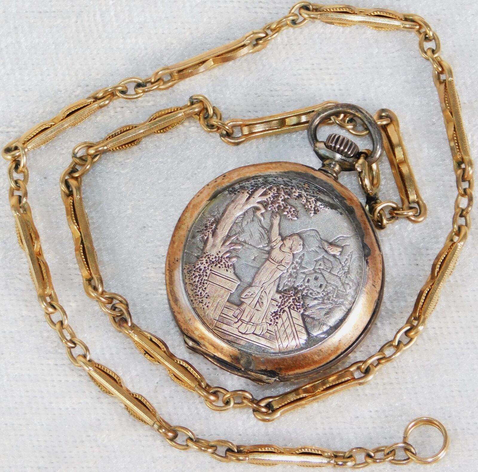Antique 1800's Ladies Ornate Sterling Silver Chatelaine Pocket Watch w/ Chain