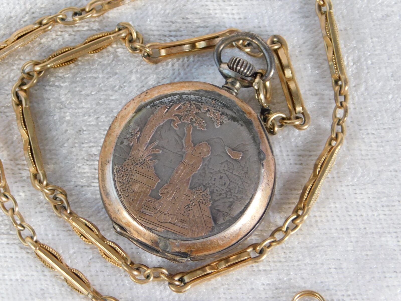 Antique 1800's Ladies Ornate Sterling Silver Chatelaine Pocket Watch w/ Chain
