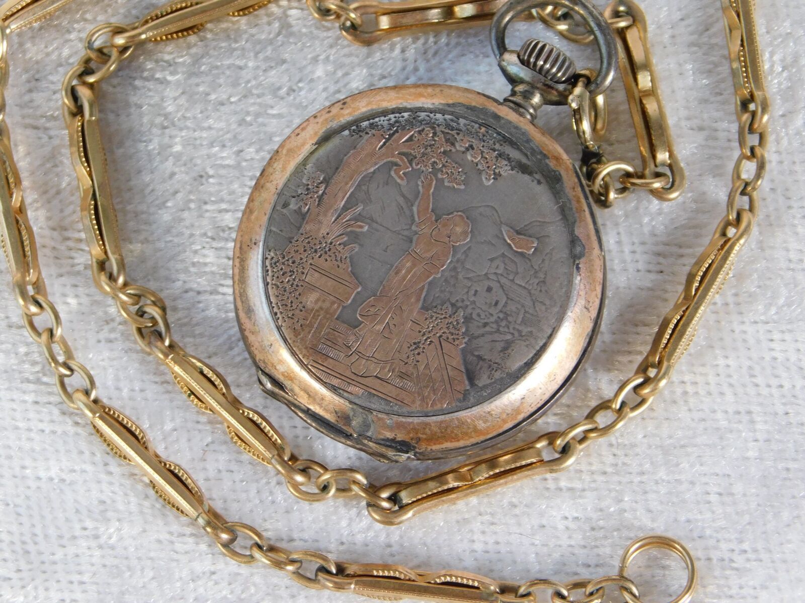 Antique 1800's Ladies Ornate Sterling Silver Chatelaine Pocket Watch w/ Chain