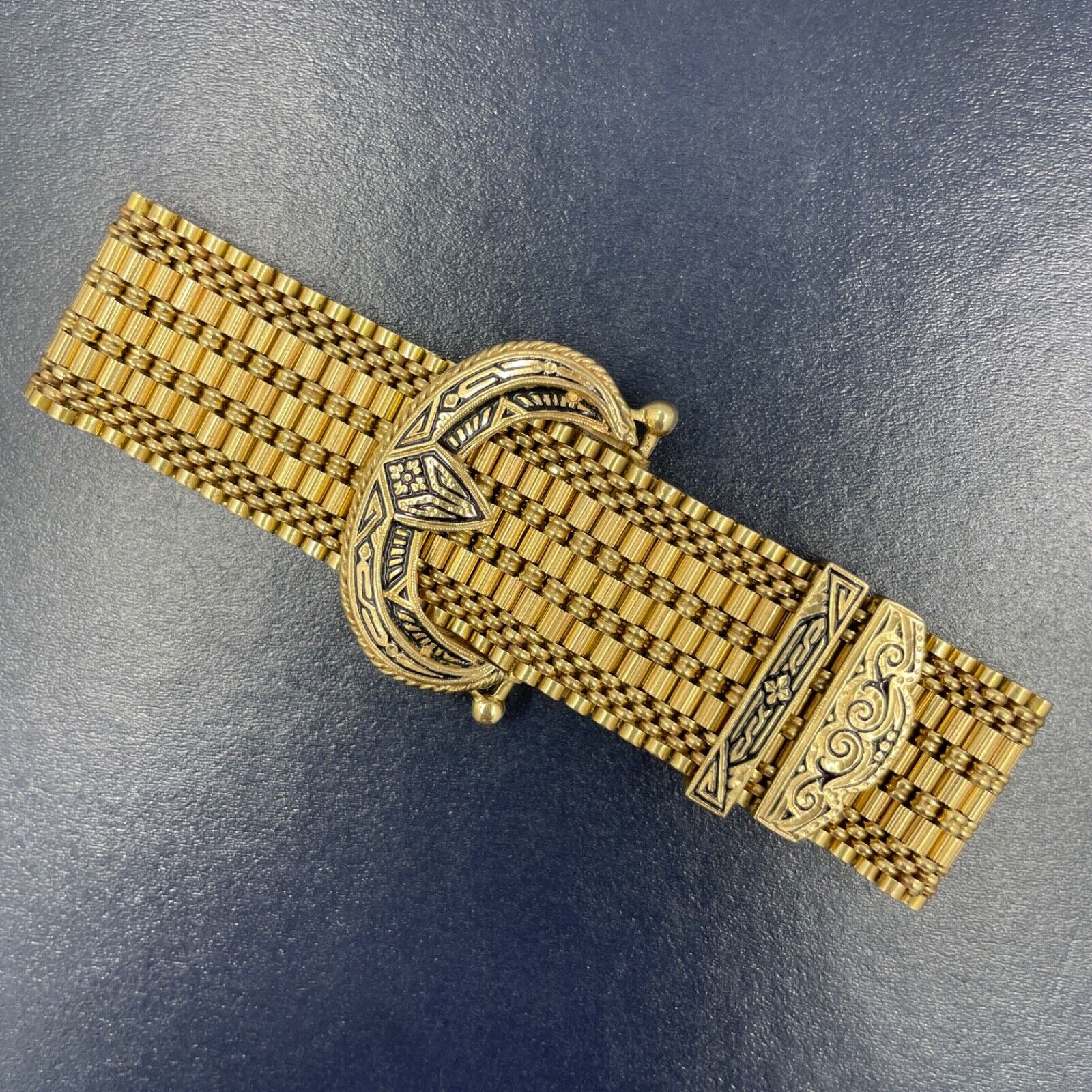 1800's Victorian Taille d'Epargne Enamel 14k Wide Mesh Bracelet