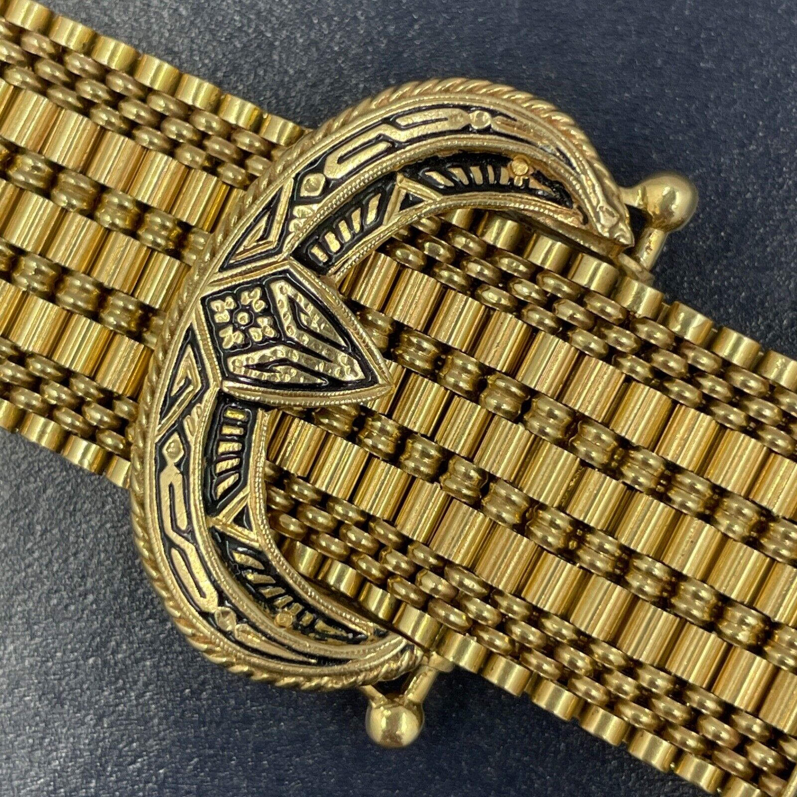 1800's Victorian Taille d'Epargne Enamel 14k Wide Mesh Bracelet