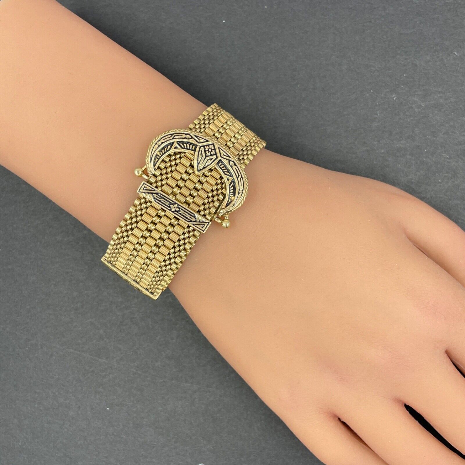 1800's Victorian Taille d'Epargne Enamel 14k Wide Mesh Bracelet