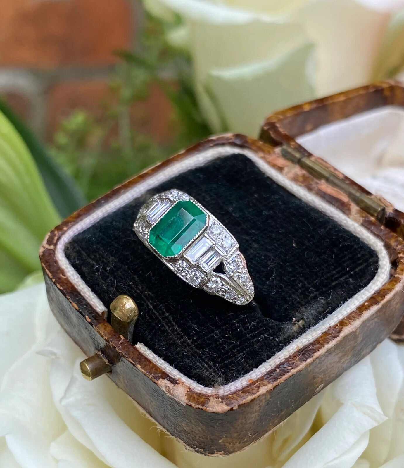1Ct Green Emerald Cut CZ Bezel Set 1800's Style Engagement Ring In 925 Silver