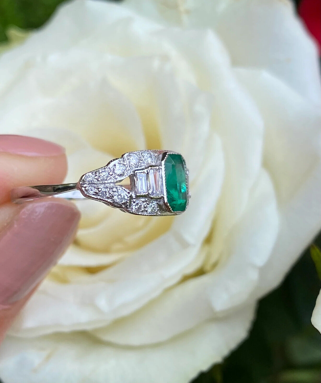 1Ct Green Emerald Cut CZ Bezel Set 1800's Style Engagement Ring In 925 Silver