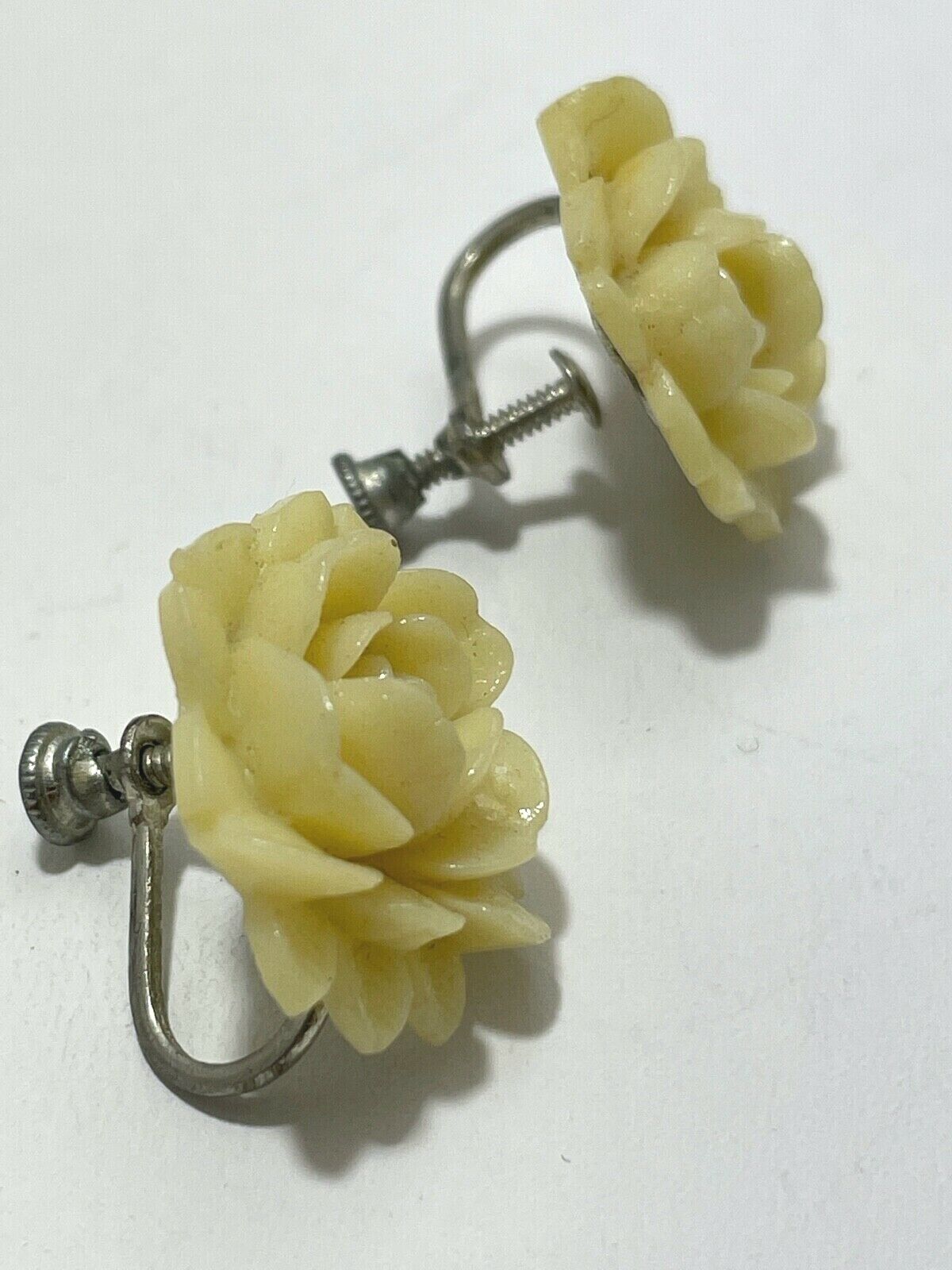 Antique early 1900's EARRINGS Detailed Celluloid Floral Peony Rose Vintage