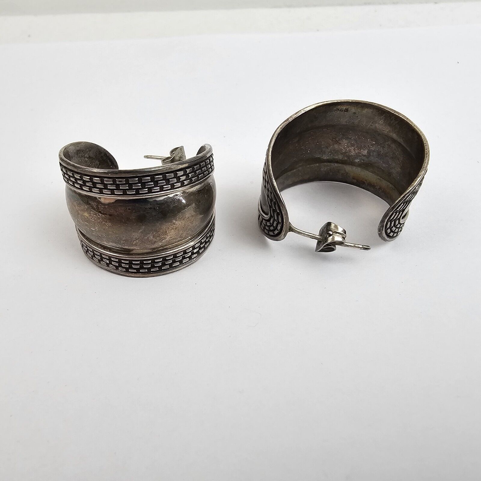 Antique Early 1900s Sterling Silver Wide Hoop Earrings Spoon Style .925 Thick!