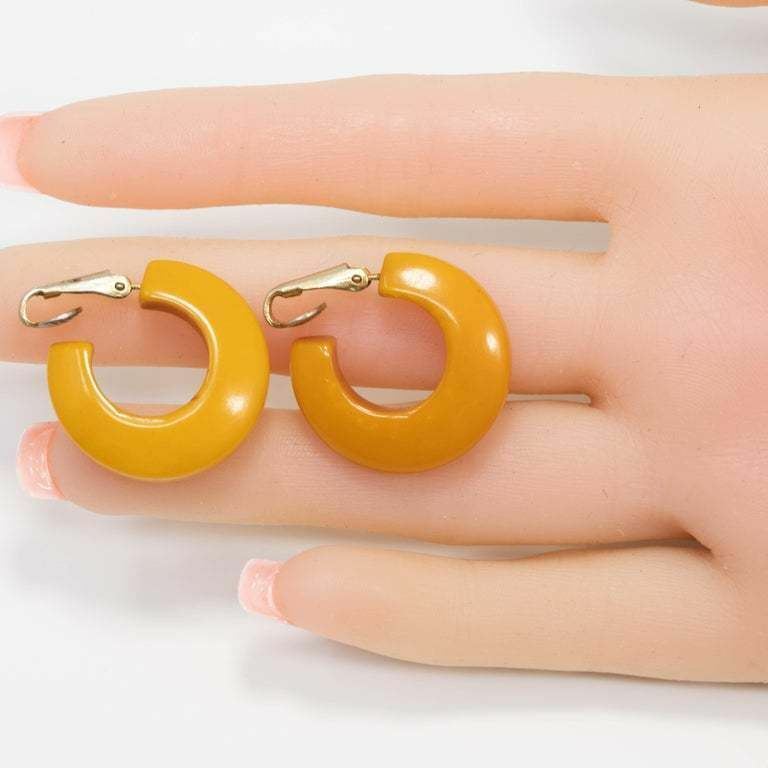 Butterscotch Amber Yellow Bakelite Huggie Style Clip On Earrings, Early 1900s