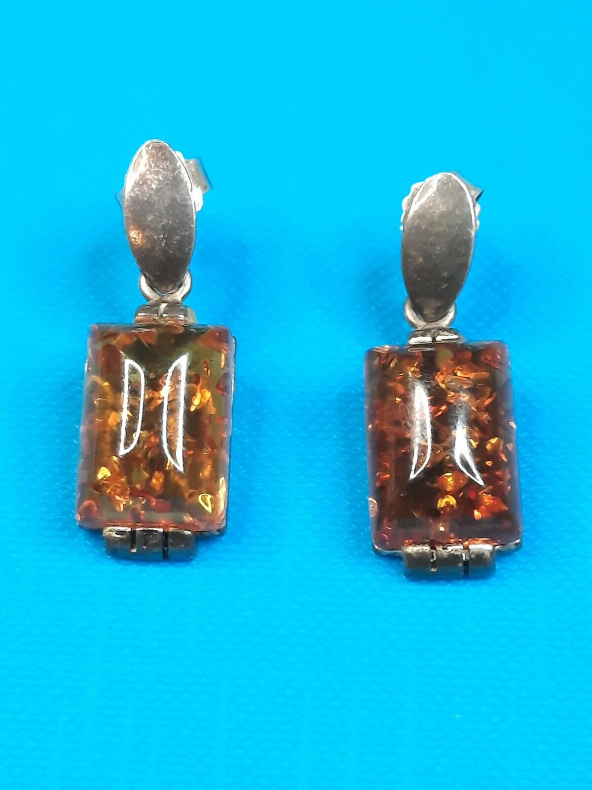 Mid 1900s Natural Amber/925 Sterling Silver Rectangle Dangle Earrings Vintage