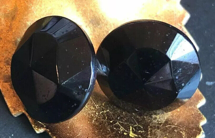Button Earrings 1900s Large Vintage Faceted Black Jet Glass Post 3/4" 18 mm