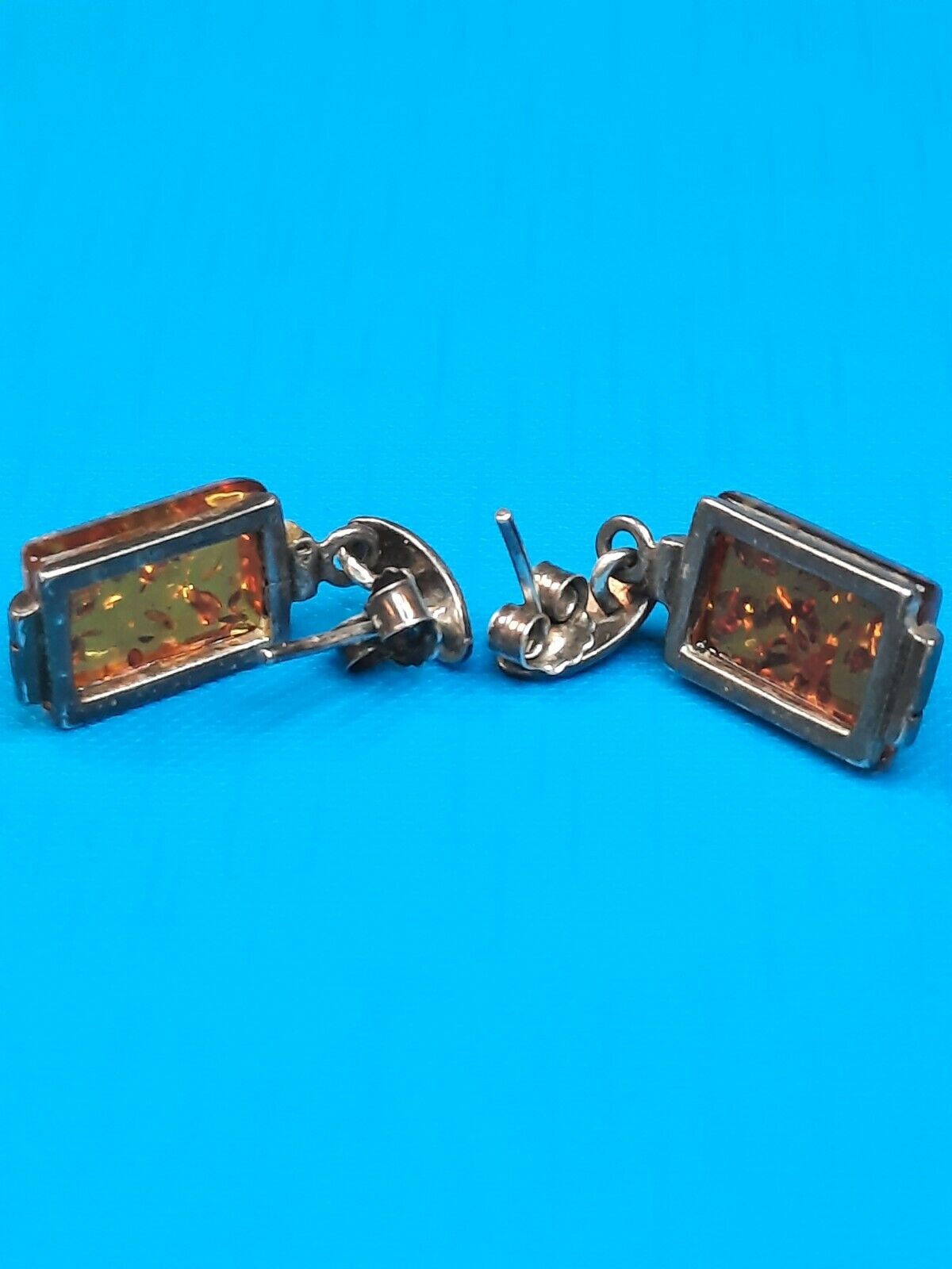 Mid 1900s Natural Amber/925 Sterling Silver Rectangle Dangle Earrings Vintage 
