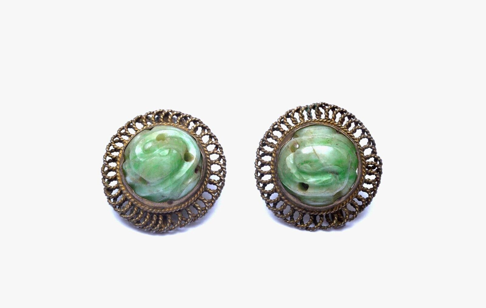 1900's Chinese Green Jade Jadeite Carved Carving Bead Cabochon Clip On Earrings