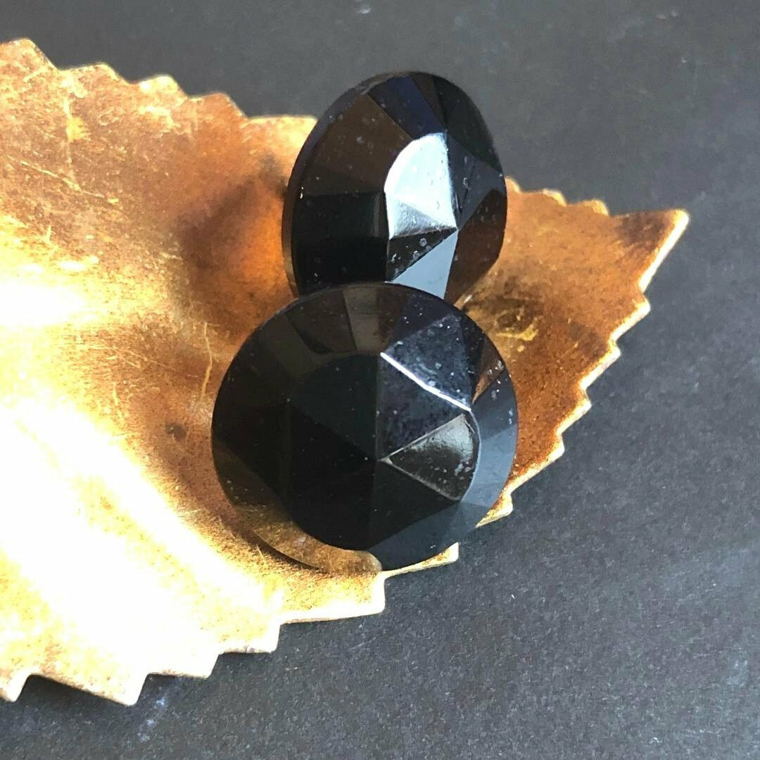 Button Earrings 1900s Large Vintage Faceted Black Jet Glass Post 3/4" 18 mm