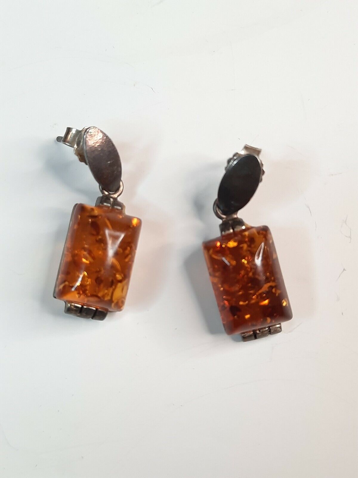 Mid 1900s Natural Amber/925 Sterling Silver Rectangle Dangle Earrings Vintage 