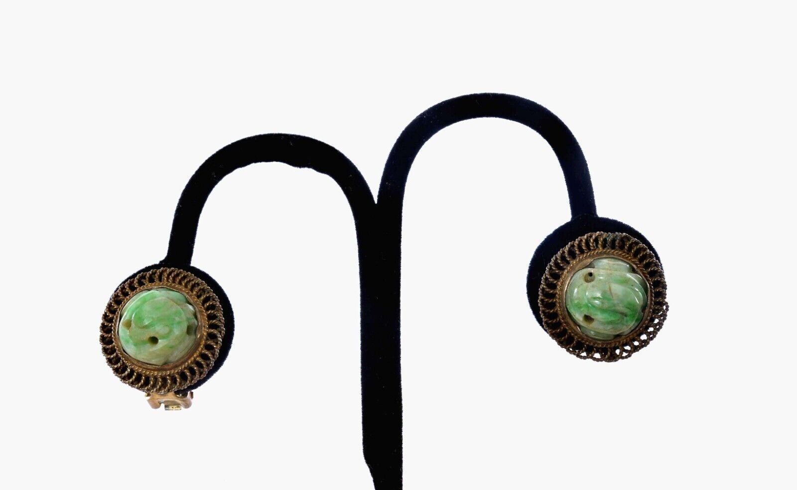 1900's Chinese Green Jade Jadeite Carved Carving Bead Cabochon Clip On Earrings