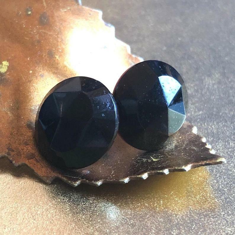 Button Earrings 1900s Large Vintage Faceted Black Jet Glass Post 3/4" 18 mm
