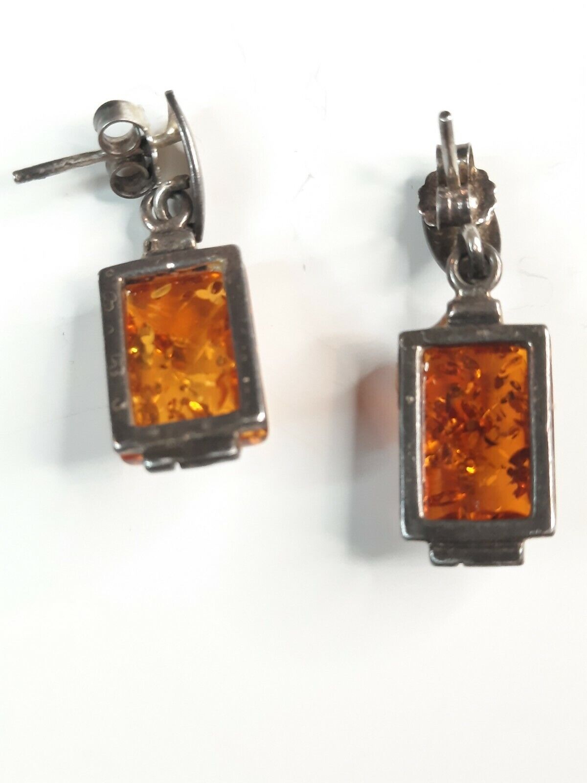 Mid 1900s Natural Amber/925 Sterling Silver Rectangle Dangle Earrings Vintage 